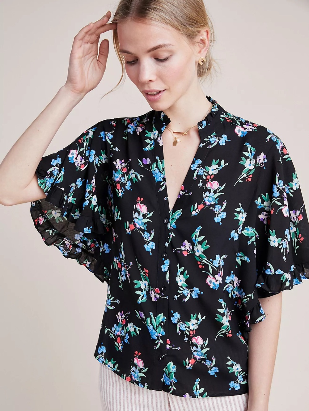 Maeve Aveiro Black Floral Viscose Flutter-Sleeve Buttondown Blouse Size S